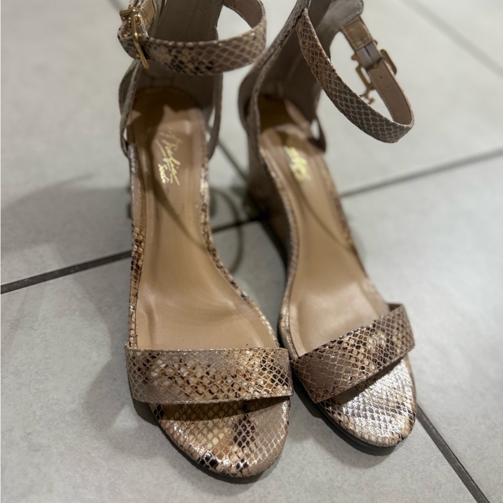 Thalia Sodi Snake-Print Ankle Strap Heels in Taupe